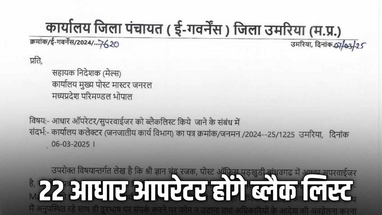 CEO जिला पंचायत ने 22 आधार आपरेटर को Black Listed करने मुख्य पोस्ट मास्टर जनरल को लिखा पत्र देखिए लिस्ट