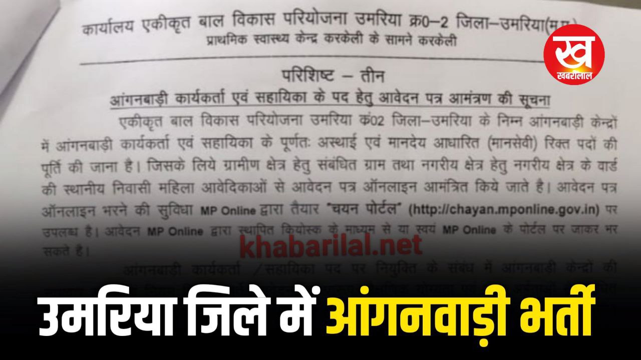 उमरिया जिले में आंगनवाड़ी में निकली 42 पदों पर भर्ती पढिए पूरी जानकारी