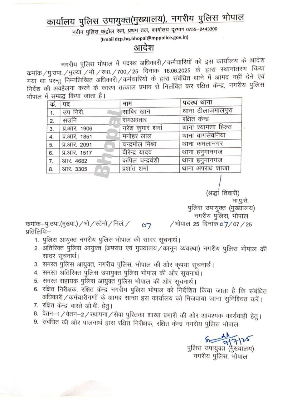तबादले के बाद 8 पुलिसकर्मियों ने नही दी आमाद हो गए लाइन अटैच देखिए आदेश