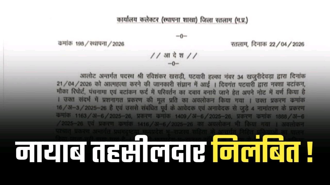 कलेक्टर ने नायाब तहसीलदार को किया निलंबित आदेश जारी